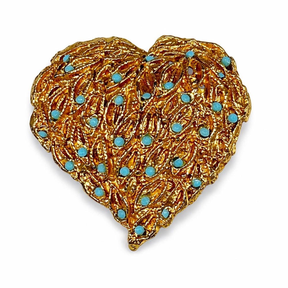 Vintage Gold Tone Textured Heart Brooch Turquoise Cabochon Accents Leaf Pattern